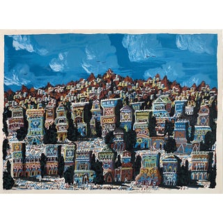Gabriel Cohen, Israeli Naive Art Screen Print Lithograph Jerusalem, Sanhedrin Old City Folk Art, 1983 For Sale
