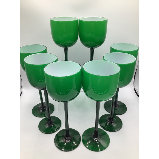 Mid-Century Modern Vintage Carlo Moretti Italy Green White Cased Glass Tall Stem Wine Glasses - Set of 8 For Sale - Image 3 of 9