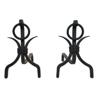 Pair of modernist wrought iron andirons For Sale