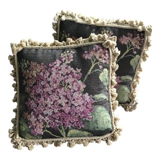 Vintage Pillows Set of 2 Floral Wool and Velvet Feather Filled Needlepoint Pillows- a Pair For Sale