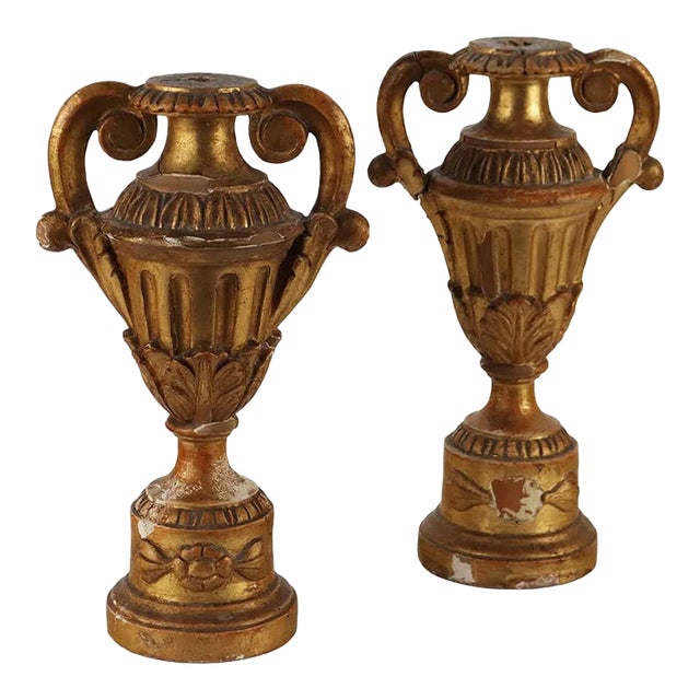 Pair of Carved & Gilded Italian Neoclassical Wooden Urn Lamp Bases For Sale