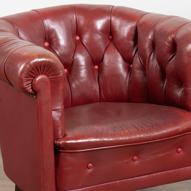 Pair of 20th Century Danish Red Vintage Leather Barrel Back Club Chairs For Sale - Image 4 of 12