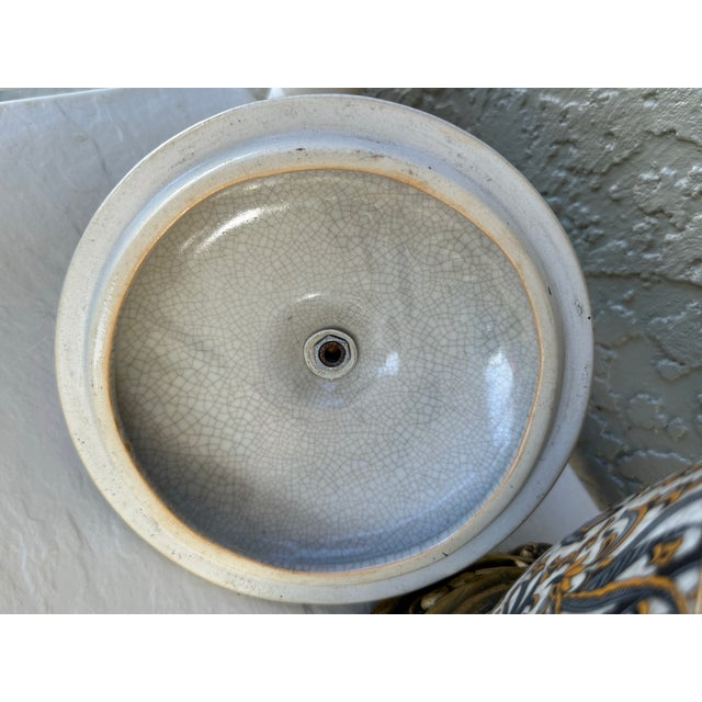 Vintage Early-Mid 20th Century Hand Painted White, Blue & Gold Porcelain and Brass Urn With Lid For Sale - Image 10 of 12