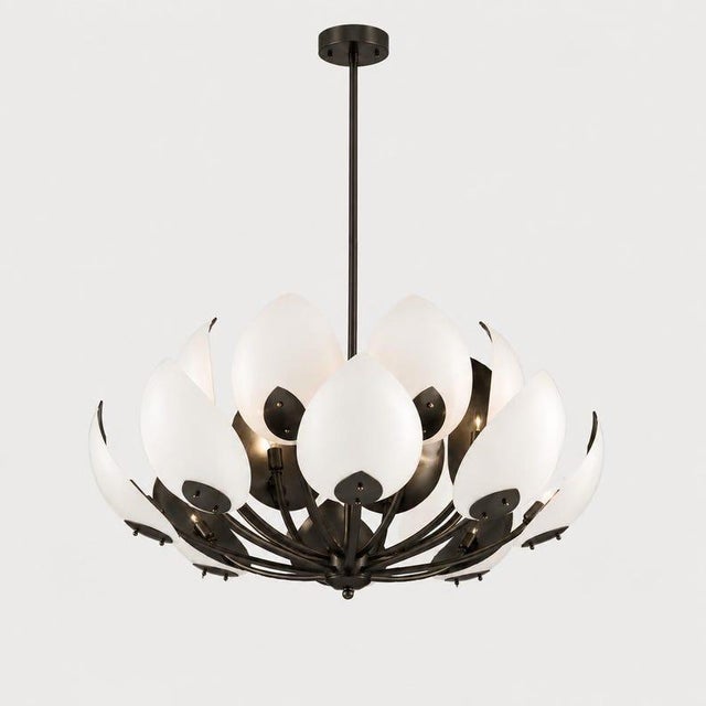 Metal Luxury Lotus Petal Brass Chandelier | Modern White Floral Ceiling Light | Mid Century Statement Pendant | Elegant Dining Room Fixture For Sale - Image 7 of 8