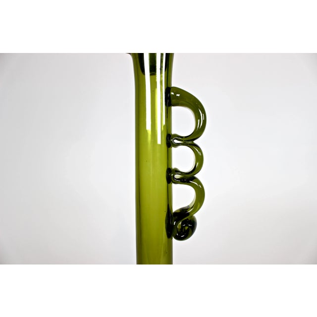 Glass 1960's Hand Blown Green Glass Decanter With Flame Tip Stopper For Sale - Image 7 of 11