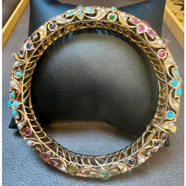 Natural Turquoise Emerald Ruby Sapphire pearl Bangle in 14 Kt Yellow Gold 41 Gm For Sale - Image 4 of 18