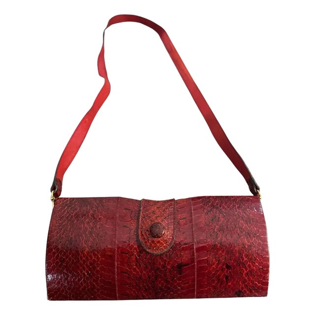 A 1970s Textured Red Leather and Brass Italian Shoulder Bag For Sale