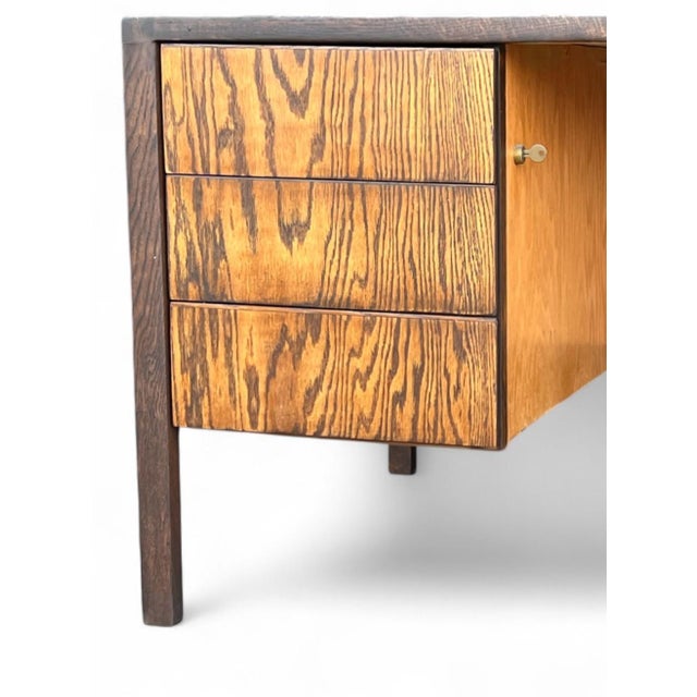 Vintage 1980s Executive Oak Desk – Restored Walnut & Golden Oak Finish, 5 Locking Drawers For Sale - Image 15 of 17