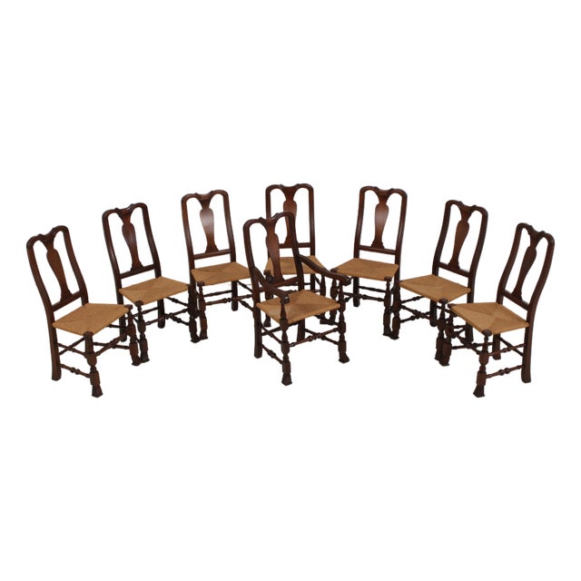 Set of 8 Country Queen Anne Rush Seat Dining Chairs For Sale