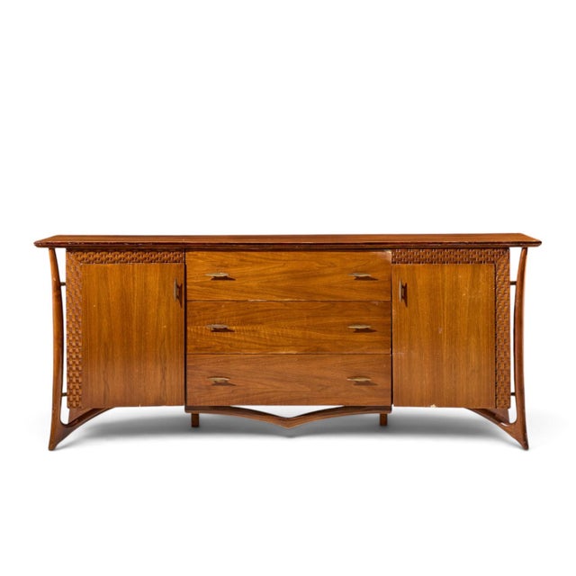 Vladimir Kagan Style Mid Century Sculptural Walnut Lowboy Dresser This lowboy measures: 82 wide x 22.5 deep x 34.25 inches...