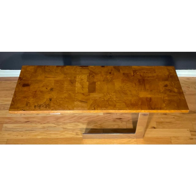 Wood Mid-Century Burl Wood and Stainless Frame Cocktail Table Attributed to Pace Industries For Sale - Image 7 of 13