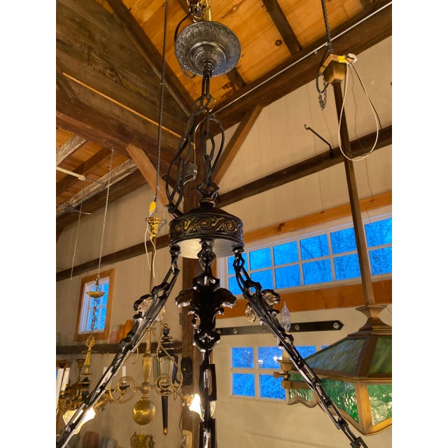 1920s Vintage 1920s Brass and Frosted Glass Hanging Fixture Attributed to Caldwell For Sale - Image 5 of 11