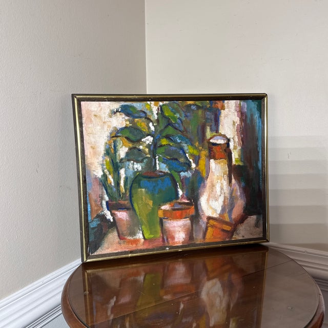 Traditional 1960s Original Still Life Painting Potted Plants Vase Colorful Expressionist Framed Art For Sale - Image 3 of 12