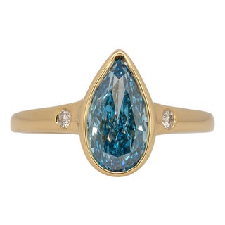 2Ct Blue Lab Diamond Ring With Natural Diamond Accents: Solid 14k Gold, 11x6mm, Size 6.75 For Sale