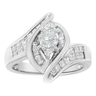 14K White Gold 1 1/4 Cttw Pie, Baguette and Princess cut Diamond Marquise Shape Engagement Cocktail Ring (H-I Color, SI2-I1 Clarity) For Sale
