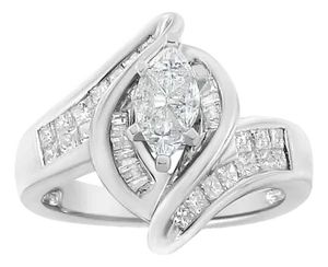 14K White Gold 1 1/4 Cttw Pie, Baguette and Princess cut Diamond Marquise Shape Engagement Cocktail Ring (H-I Color, SI2-I1 Clarity)