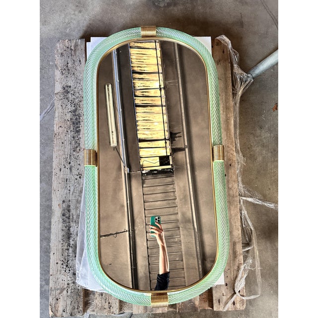 Glass Luxury Italian Mirror in Green-Wather “Torchon” Torciglione Murano Glass by Simoeng For Sale - Image 7 of 7
