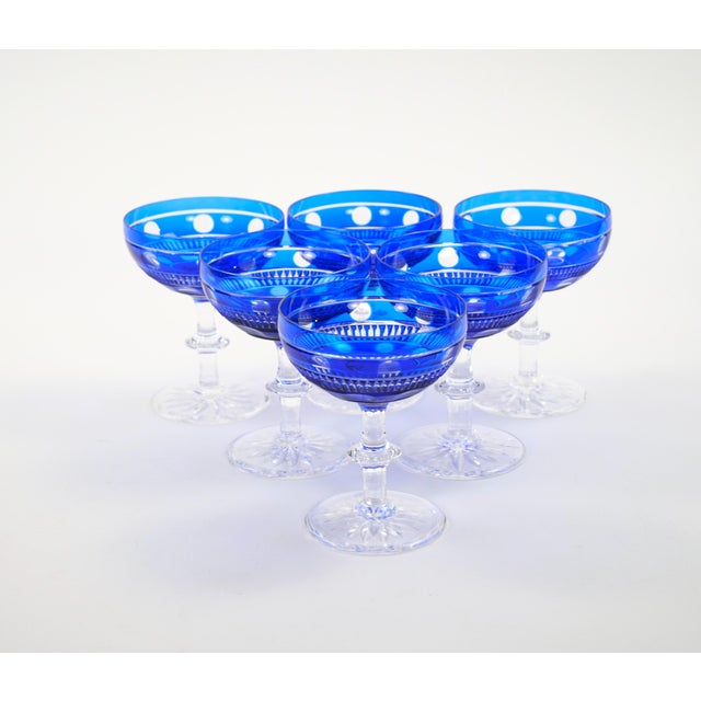 Mid-Century Modern Val Saint Lambert Cobalt Crystal Champagne Coupe Glass, Service for 8 People For Sale - Image 3 of 13