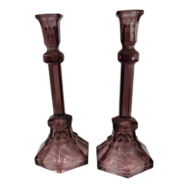 Vintage Pair Purple Pressed Glass Candlesticks For Sale