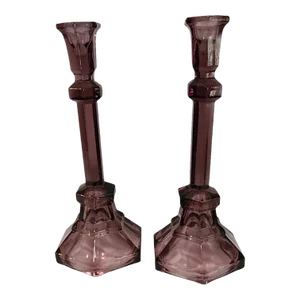Vintage Pair Purple Pressed Glass Candlesticks