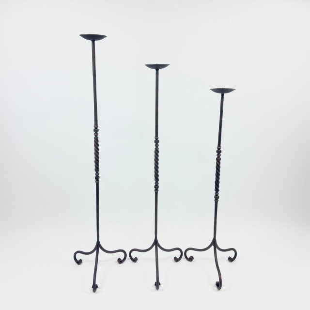 Hand Forged Iron Candelabra Set of 3 (90-110cm) Antique Copper Finish Barley Twist Stem with French Scroll Feet For Sale - Image 6 of 6