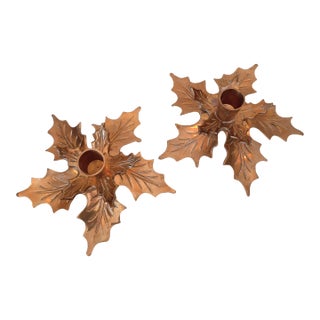 Brass Holly Candle Holders Holiday Pair For Sale