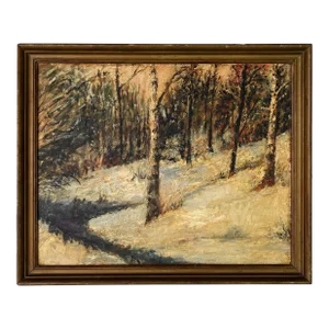 1960's Vintage Impressionist Winter Landscape Painting , Framed