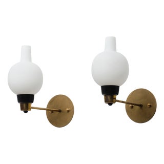 Vintage Italian Sconces in Brass and Opaline Glass, 1950s, Set of 2 For Sale