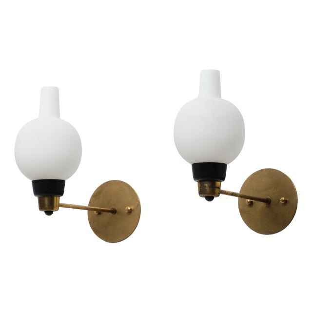 Vintage Italian Sconces in Brass and Opaline Glass, 1950s, Set of 2 For Sale