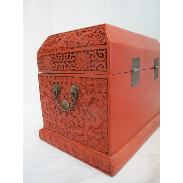 Large Chinese Cinnabar Lacquer Heavily Carved Dragon Motif Wood Box Chest For Sale In Portland, OR - Image 6 of 16