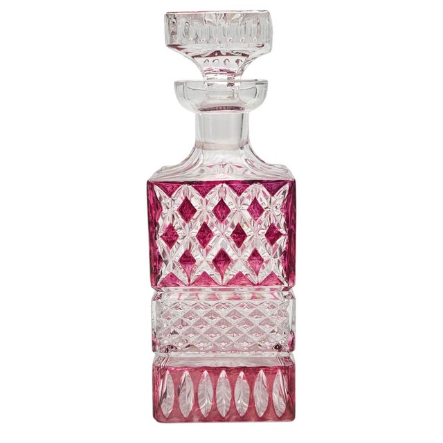 Victorian West German a & H Cranberry Cut-to-Clear Lead Crystal Whiskey Decanter 9" For Sale - Image 3 of 15
