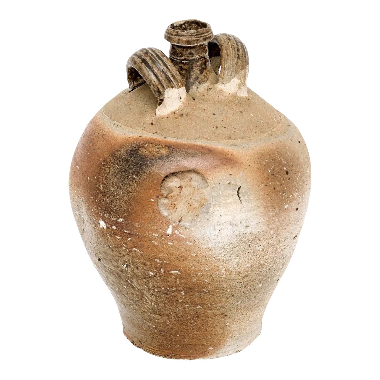 French 19th Century Double Handled Brown Glaze Pottery Jug with Rustic