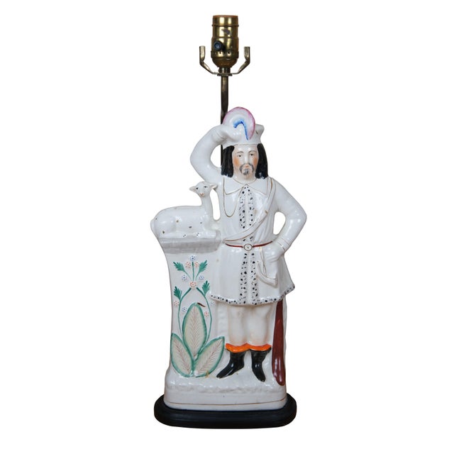 A true pair of antique 19th century English Staffordshire porcelain flatback figurines converted into table lamps,...