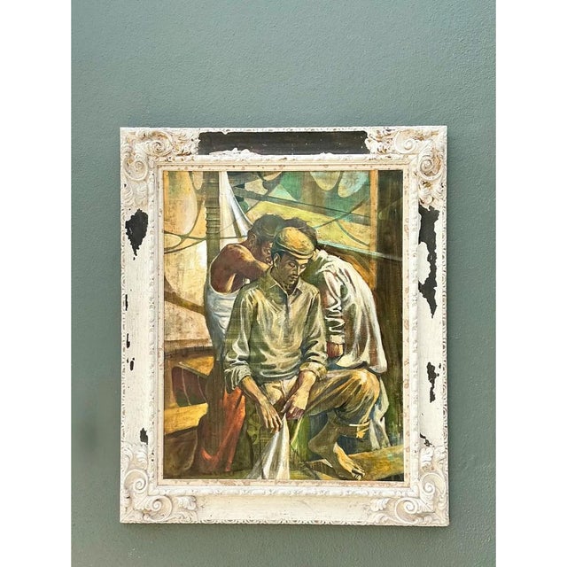 Mid-Century Modern Vintage Canvas Painting of Men at Work For Sale - Image 3 of 12