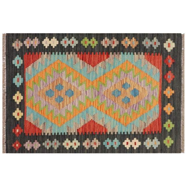 Retro Turkish Kilim Black Hand-Woven Wool Rug For Sale - Image 9 of 9