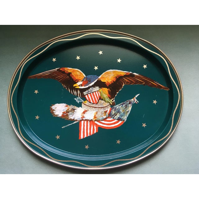 Metal Vintage Teal & Gold Eagle Serving Tray For Sale - Image 7 of 7