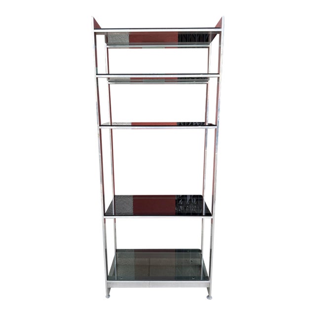Mid Century Modern Five Shelf Aluminum & Black Glass Etagere.