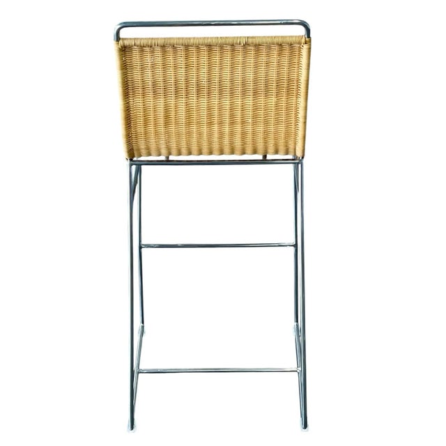Modern Wicker and Chrome Barstools, Set of Three For Sale - Image 4 of 12