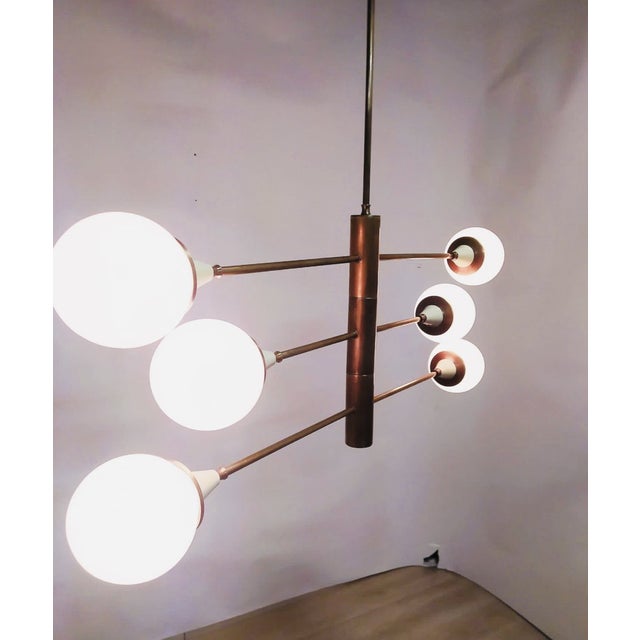 Mid-Century Brass Chandelier with 6 Opaline Spheres, Italy, 1960s For Sale - Image 6 of 14