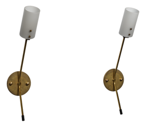 Italian Brass and Opaline Glass Wall Sconces, 1950s, Set of 2