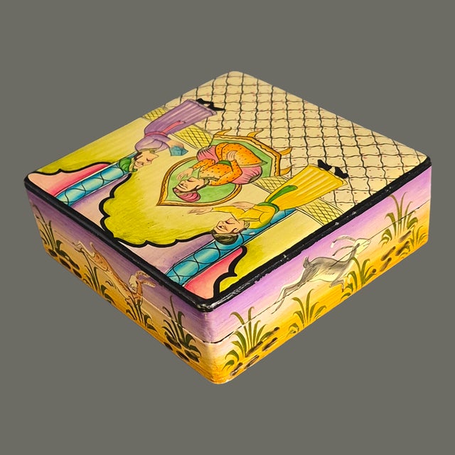 Vintage Bohemian Hand Painted Lacquer Mughal-Style Kashmiri Paper Mache Box W/6 Coasters For Sale - Image 9 of 11