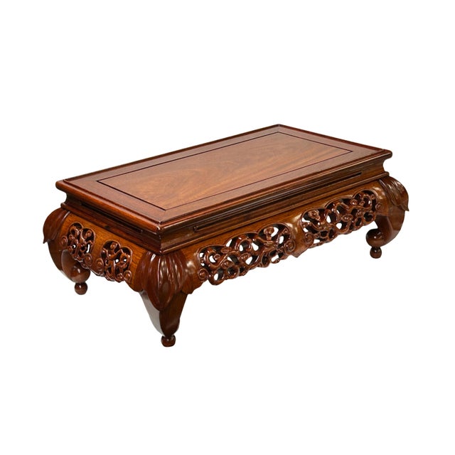 Asian Oriental Brown Stain Flower Carving Rectangular Display Easel Stand For Sale - Image 3 of 12