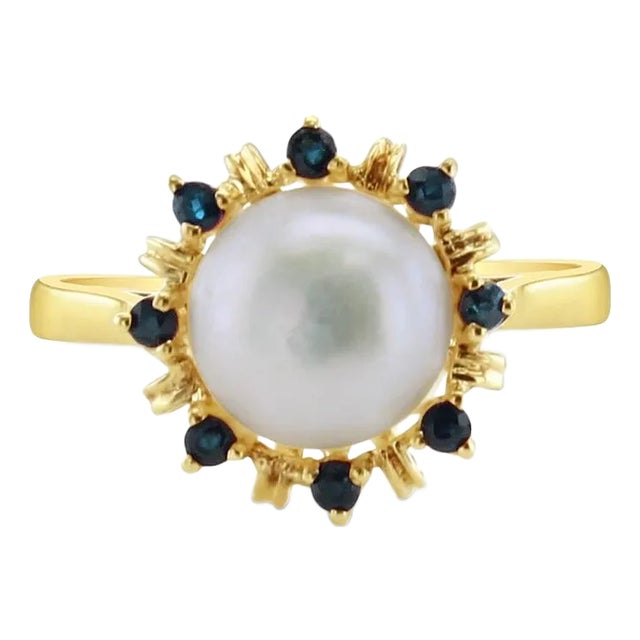 8MM Pearl Ring with Sapphire Halo 14k Yellow Gold, Size 6 For Sale
