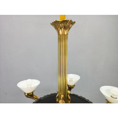 Art Deco Brass Chandelier with Glass Shades, Czechoslovakia, 1930s For Sale - Image 9 of 17