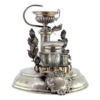 Silver and Glass Inkwell with Embossed Monogram Pharmacy Symbol and Leaves For Sale