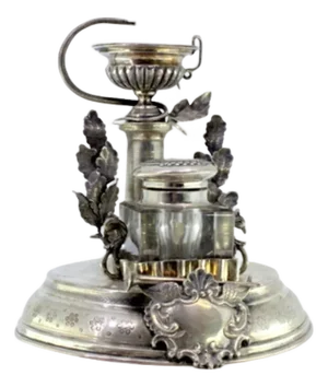 Silver and Glass Inkwell with Embossed Monogram Pharmacy Symbol and Leaves