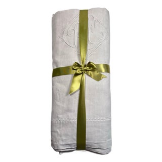 Antique French Linen Sheet Circa 1920 Pf Monogram Whitework Embroidery Handworked Hemstitch Trousseau Bedding For Sale