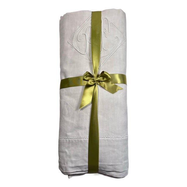 Antique French Linen Sheet Circa 1920 Pf Monogram Whitework Embroidery Handworked Hemstitch Trousseau Bedding For Sale