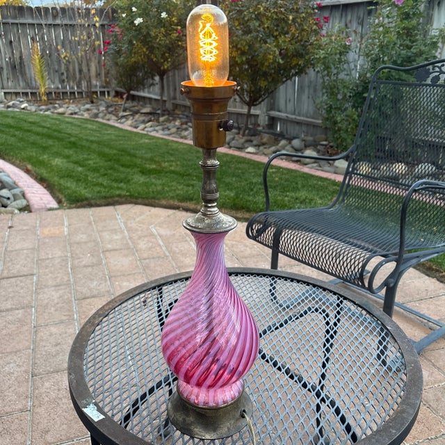 Antique Victorian Opaline Cranberry Glass Lamp With Edison Bulb For Sale - Image 4 of 4