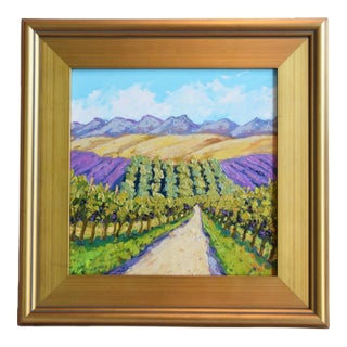 Impressionist Artist Signed Wine Grape Vineyard & Mountain Landscape Painting W/ Antiqued Gold Frame For Sale